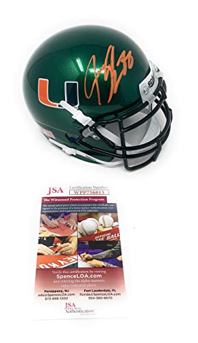 Jermey Shockey Miami Hurricanes Signed Autograph Mini Helmet Schutt Green Chrome JSA Witnessed Certified