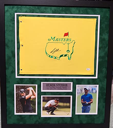 Henrik Stenson Masters Golf Signed Autograph Custom Framed Masters Pin Flag SUEDE MATTED 26x30 JSA Certified