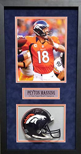 Peyton Manning Denver Broncos Signed Autograph Mini Helmet Custom Shadow Box Suede Matted with 8x10 Steiner Certified (Read To Hang)