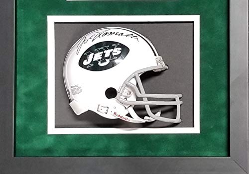 Joe Namath New York Jets Signed Autograph Mini Helmet Custom Shadow Box Suede Matted with 8x10 Steiner Sports Certified (Read To Hang)