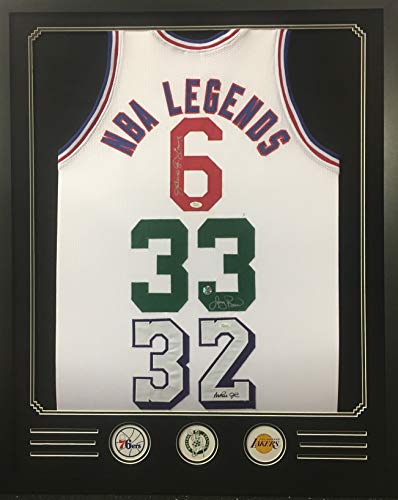 Dr. J Julius Erving Larry Bird Magic Johnson Lakers 76ers Celtics TRIPLE Autograph Signed Custom Framed Jersey NBA LEGENDS Black Suede Matted JSA Witnessed Certified