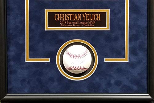Christian Yelich Milwaukee Brewers Signed Autograph Official MLB Baseball Custom Framed 16x26 Shadow Box Suede Matted Steiner Sports Certified