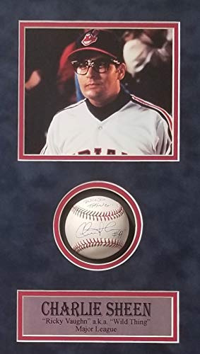 Charlie Sheen Rick Vaughn Major League Cleveland Indians Signed Autograph Custom Framed Baseball Shadow Box with Movie Poster Suede Matted VAUGHN Name plate Steiner Sports Certified
