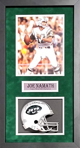Joe Namath New York Jets Signed Autograph Mini Helmet Custom Shadow Box Suede Matted with 8x10 Steiner Sports Certified (Read To Hang)