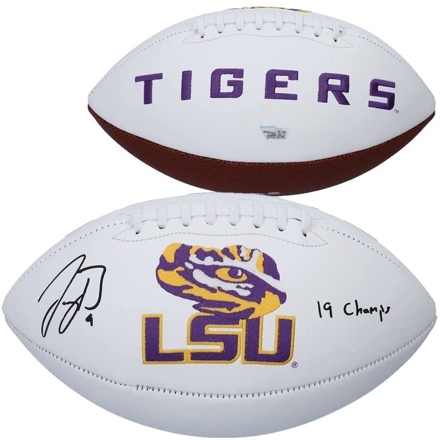 Joe Burrow LSU Tigers Signed Autograph Emboridered Logo Football 19 CHAMPS Inscribed Fanatics Certified