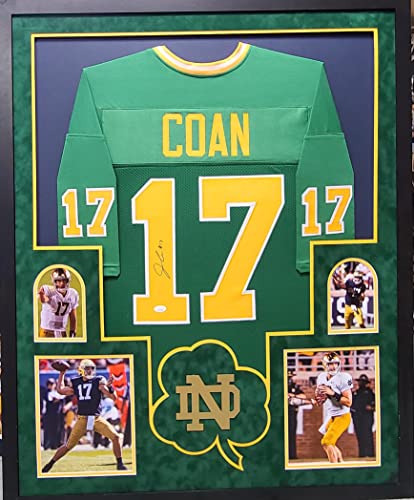 Jack Coan Notre Dame Fighting Irish Autograph Signed Custom Framed Jersey Green 4 PIC Suede Matted Red JSA Witnessed Certified