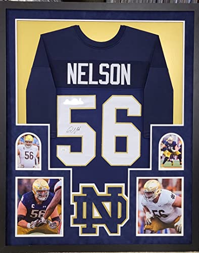 Quenton Nelson Notre Dame Fighting Irish Autograph Signed Custom Framed Jersey Blue 4 PIC Suede Matted JSA Witnessed Certified