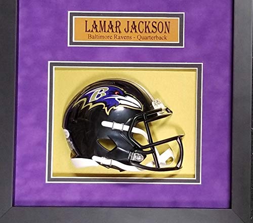 Lamar Jackson Baltimore Ravens Signed Autograph Mini Helmet Custom Shadow Box Suede Matted with 8x10 JSA Certified (Read To Hang)