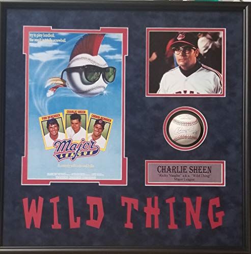 Charlie Sheen Rick Vaughn Major League Cleveland Indians Signed Autograph  Custom Framed Baseball Shadow Box with Movie Poster Suede Matted VAUGHN  Name