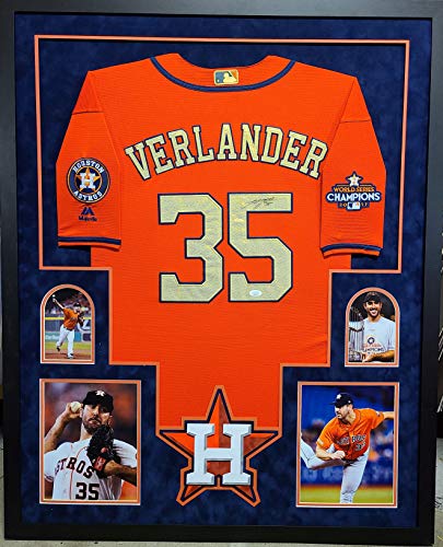 Justin Verlander Houston Astros Autograph Signed Custom Framed Jersey  Authentic On Field Majestic World Series Edition Suede Matted White JSA  FULL