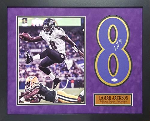 Lamar Jackson Baltimore Ravens Autograph Signed Purple Custom Framed Jersey Number 19x24 Suede Matted JSA Certified