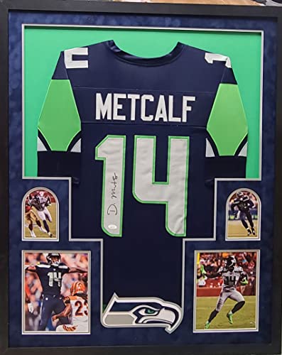 DK Metcalf Seattle Seahaws Autograph Signed Custom Framed Jersey Blue 4 PIC Suede Matted Blue JSA Witnessed Certified