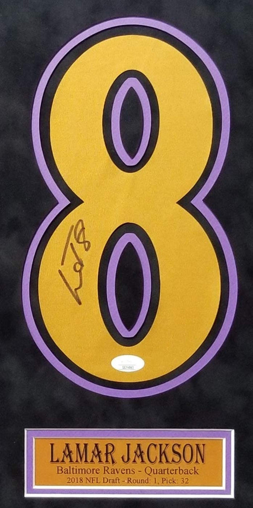 Lamar Jackson Baltimore Ravens Autograph Signed Gold Custom Framed Jersey Number 19x24 Suede Matted JSA Certified