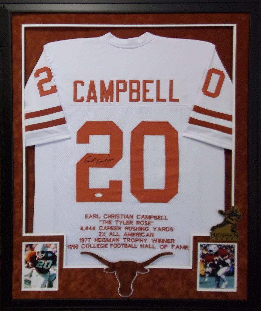 Earl Campbell Autograph Signed Custom Framed Embroidered Stat Jersey Heisman Inscribed 2 Picture White JSA Witnessed Certified