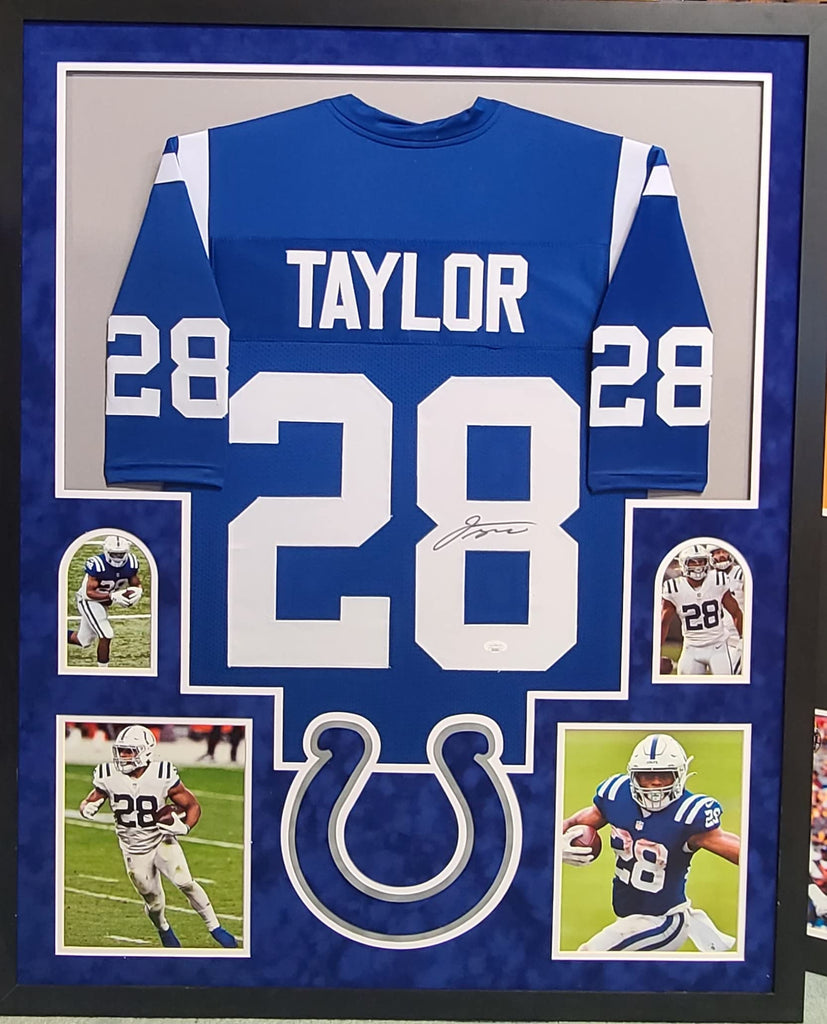 Jonathan Taylor Indianapolis Colts Autograph Signed Custom Framed Jersey 4 PIC Suede Matted Blue JSA Certified