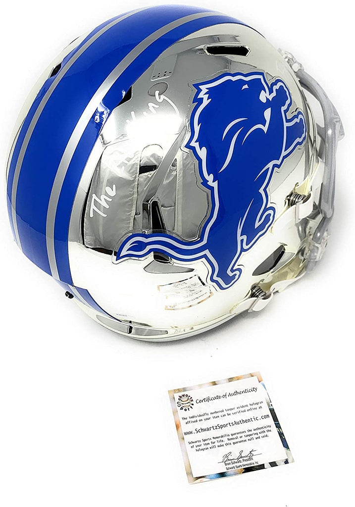 Barry Sanders Detriot Signed Autograph Rare CHROME Speed Full Size Helmet THE LION KING INSCRIBED Schwartz Sports Certified
