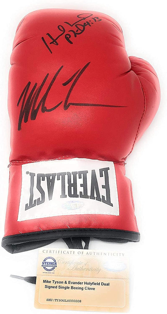 Mike Tyson Evander Holyfield DUAL Signed Autograph Boxing Glove Steiner Sports Certified