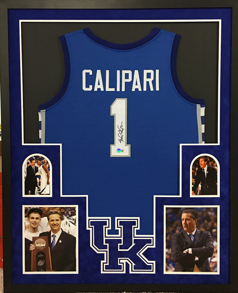 John Calipari Kentucky Wildcats Autograph Signed Custom Framed Jersey Blue Suede Matted 4 Picture Beckett Certified