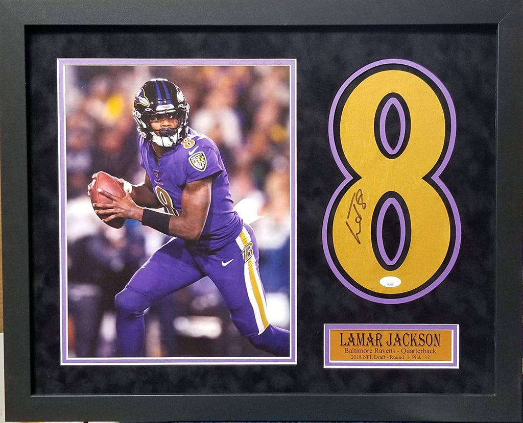 Lamar Jackson Baltimore Ravens Autograph Signed Gold Custom Framed Jersey Number 19x24 Suede Matted JSA Certified